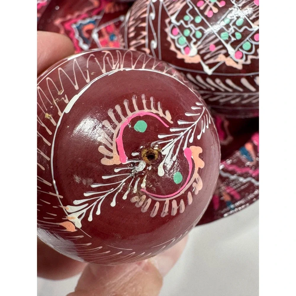 Hand Painted Wooden Easter Egg Set 3 Eggs and Display Plate Burgundy Folk Art